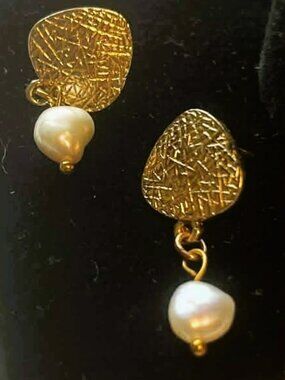 Gold Freshwater Pearl Dangle Earrings Handmade Minimalist Modern Gift for Her